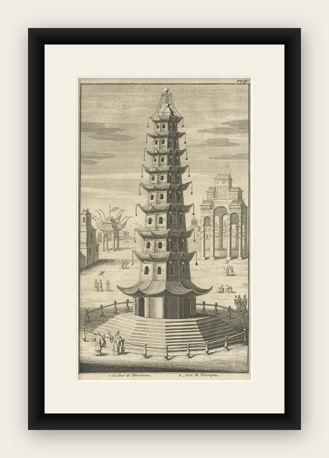 Antique Print of the Porcelain Pagoda in Nanjing, China, 1736