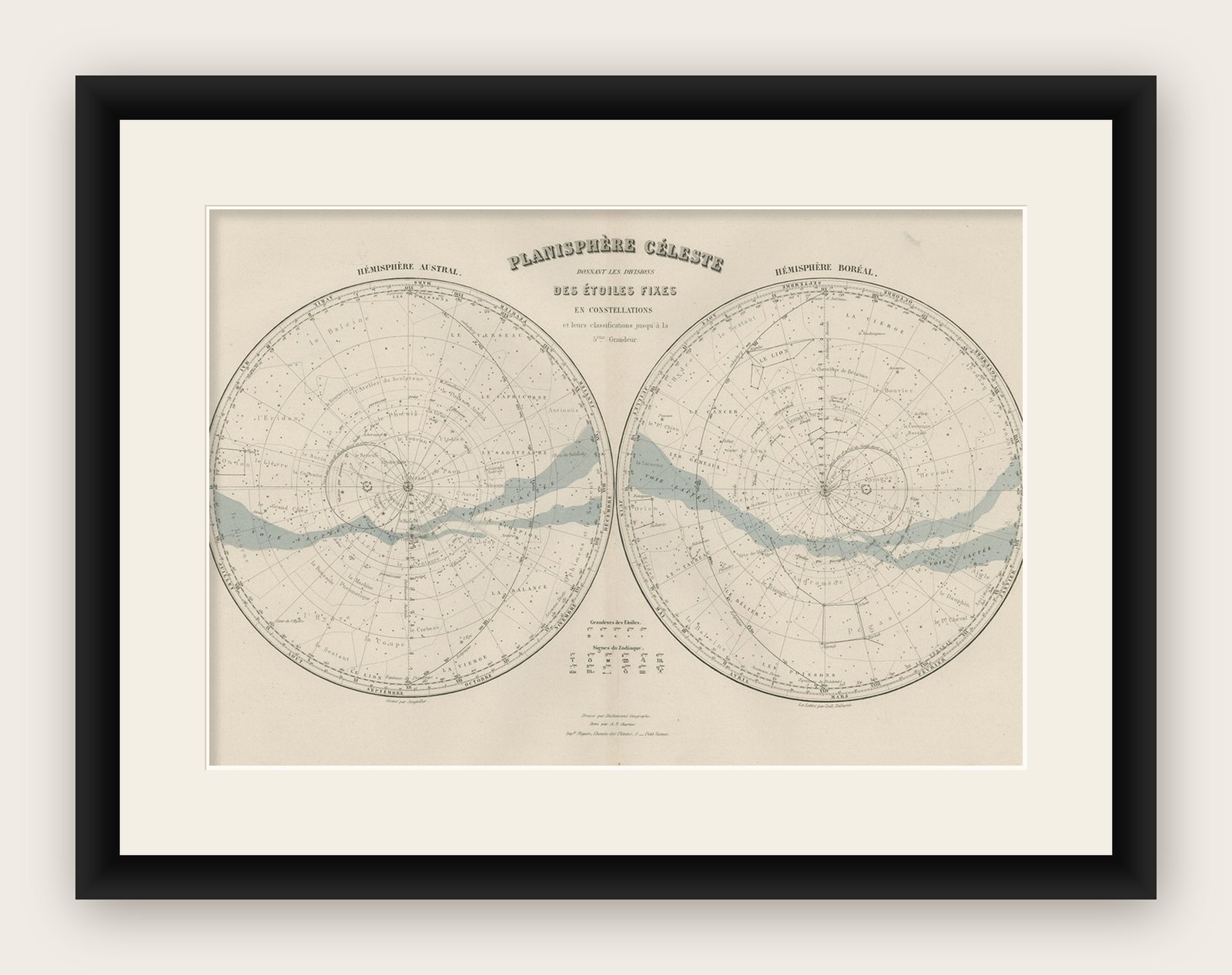 Antique Map of the Night Skies of the Northern and Southern Hemispheres, 1880